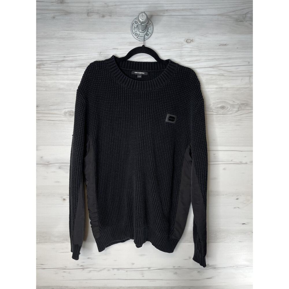 Karl Lagerfeld Mens XL Black Waffle Knit Crewneck Zip Sleeve‎ Pocket Sweater
